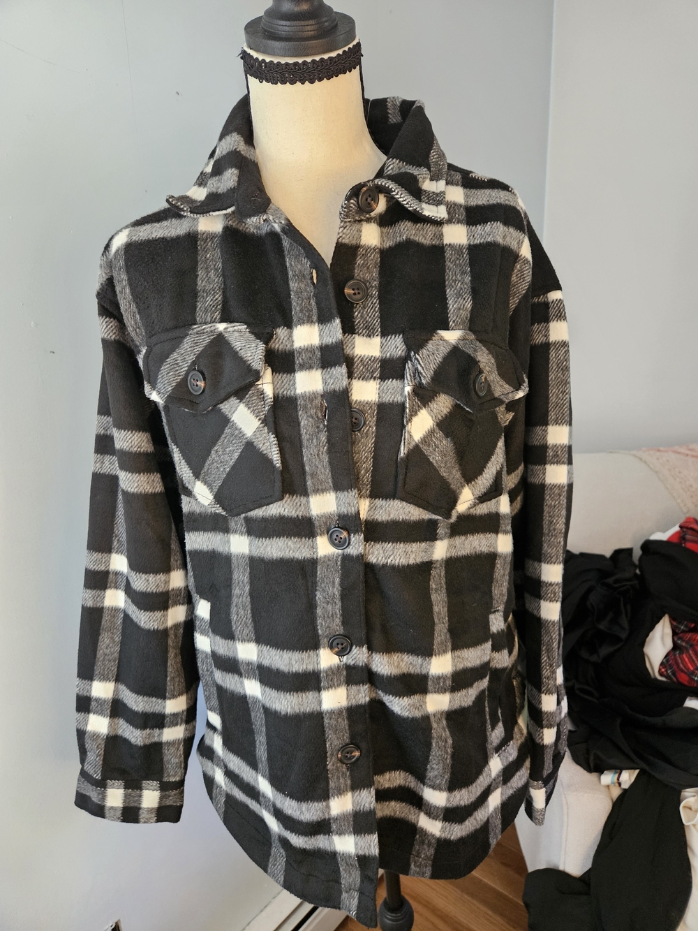 Black & White Plaid Womans Shirt Jacket. Buffalo Plaid